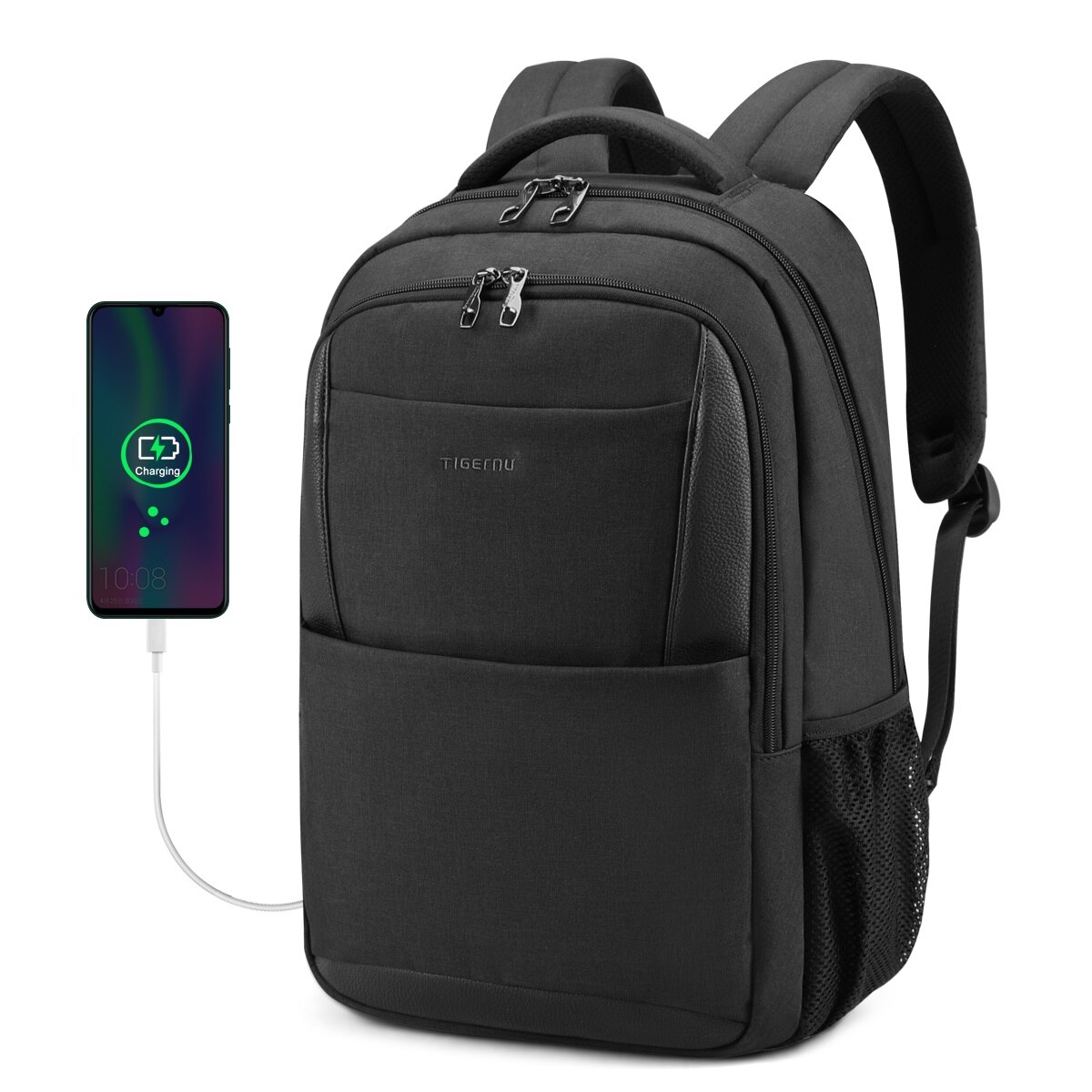 Tigernu-mochila para ordenador portátil para hombre y mujer, morral de viaje grande con usb, impermeable, antirrobo, Delgado, 15,6: Black grey 15.6inch