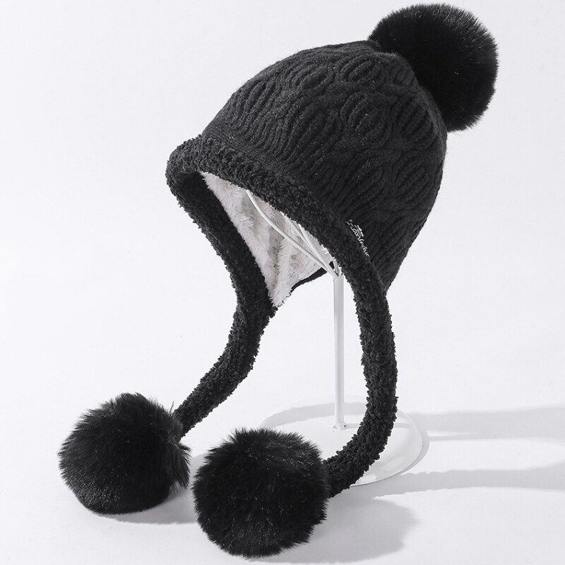 Bonnet épais et en polaire pour femme, bonnet tricoté, avec trois pompons, pour le Ski, idéal pour l'hiver, HT3797: Black