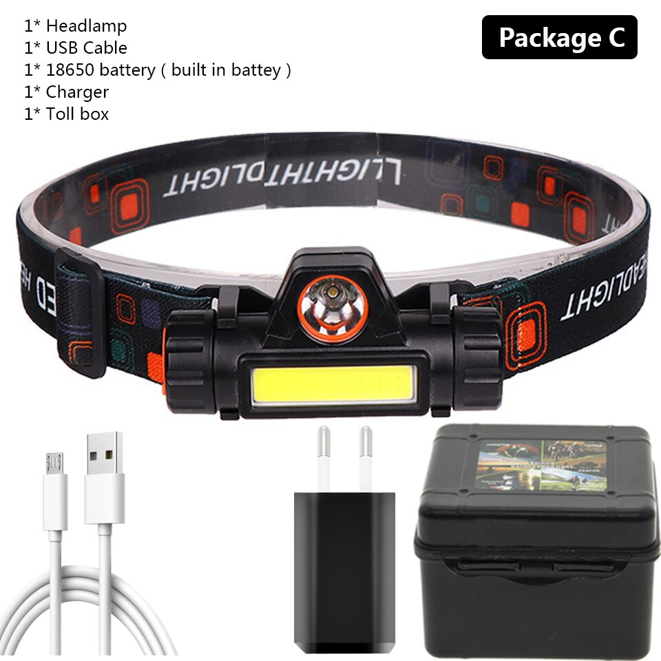 XP-G Q5 built-in 18650 battery 2 light mode with magnet Waterproof headlight head lamp flashlight LED head lamp COB work light: Package C