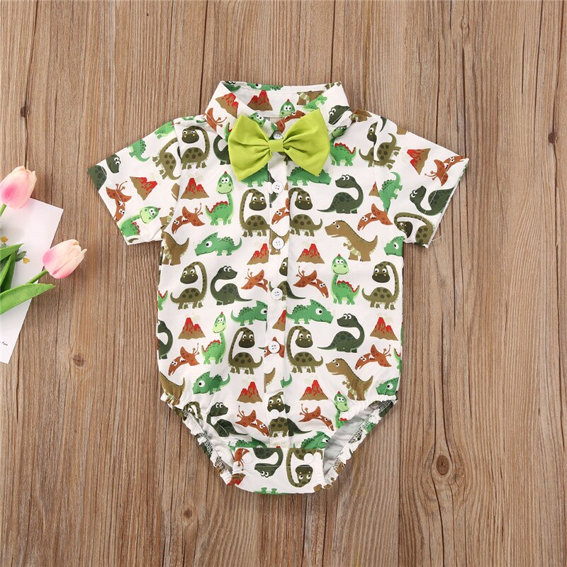 Zomer Gentleman Kinderen Jongens Body Boog Korte Mouw Print Jumpsuits 0-18M: green / 3M