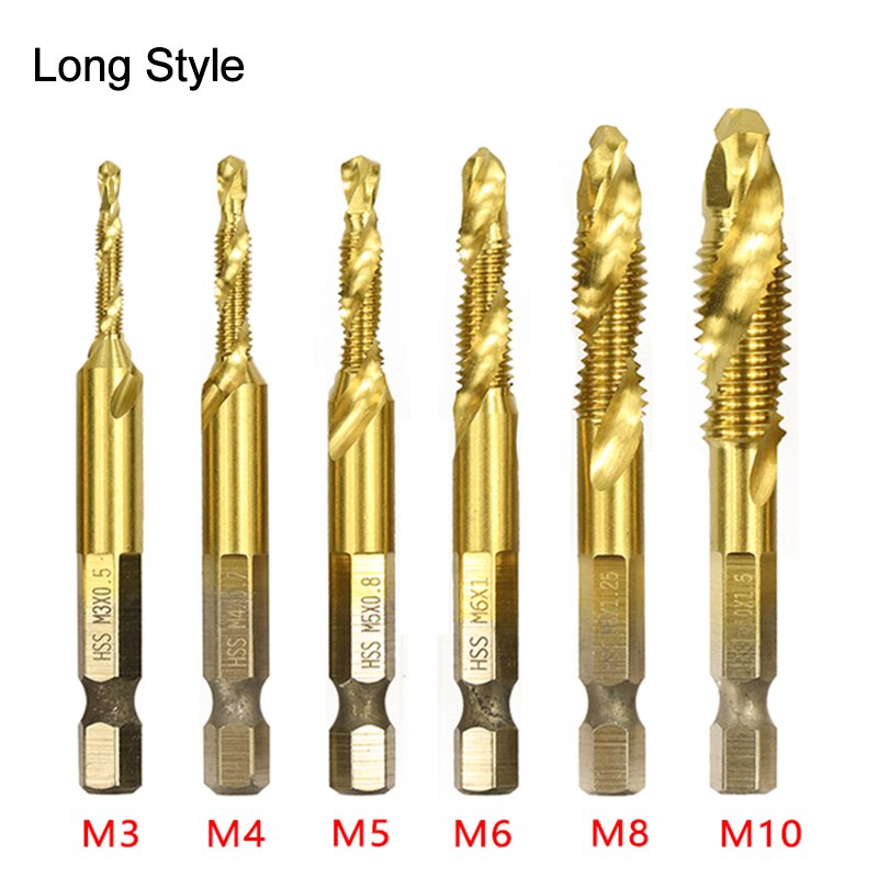 6Pcs Tap Drill Bit Hex Shank Titanium Plated HSS Screw Thread Metric Bit Screw Machine Compound Tap M3 M4 M5 M6 M8 M10 Hand Tool