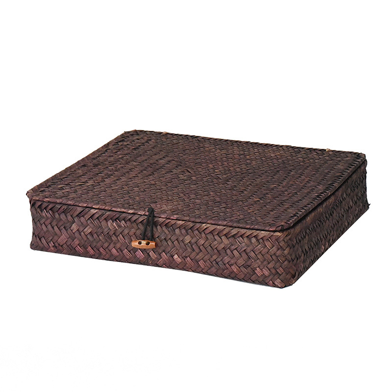 WHISM rattanowe wiklinowe pudełka robić przechowywania ręcznie pojemnik robić przechowywania biżuterii schowek kosmetyczny Organizer z pokrywką tkane etui z trawy morskiej