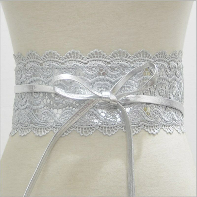 Women Lady Stretch Buckle Waist Belt Wide Lace Elastic Waistband Wide Corset Lace Belt Female Wedding Dress Waist Band: White