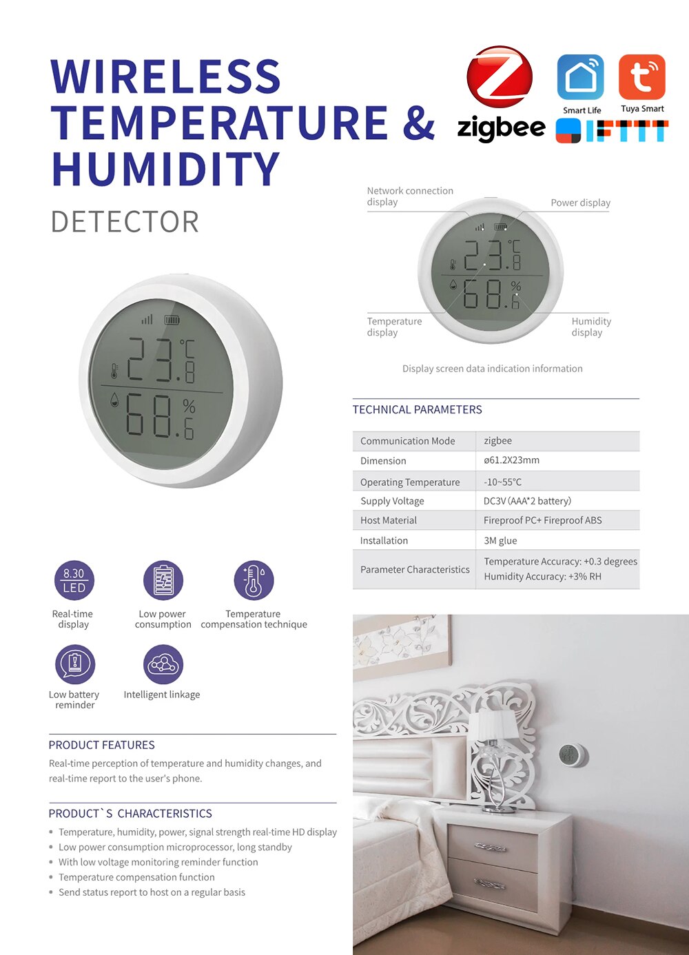 Temperature and humidity Detector Smart temperature and humidity detector works with Tuya zigbee gateway