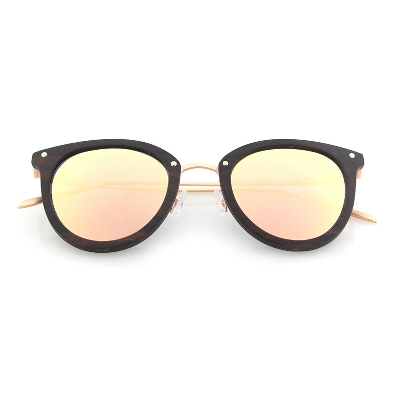 Skymood Vintage Women's Polarized ROSE Gold Tint Lens Cat Eye Steel Metal Ebony Wood Frame Sunglasses