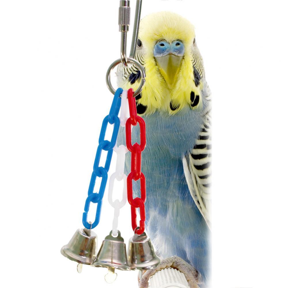 Uccello pappagallo moda blu verde giallo decorazioni ciondolo legno 3 campana catena molare macinazione zampa giocattolo da masticare decorazione gabbia