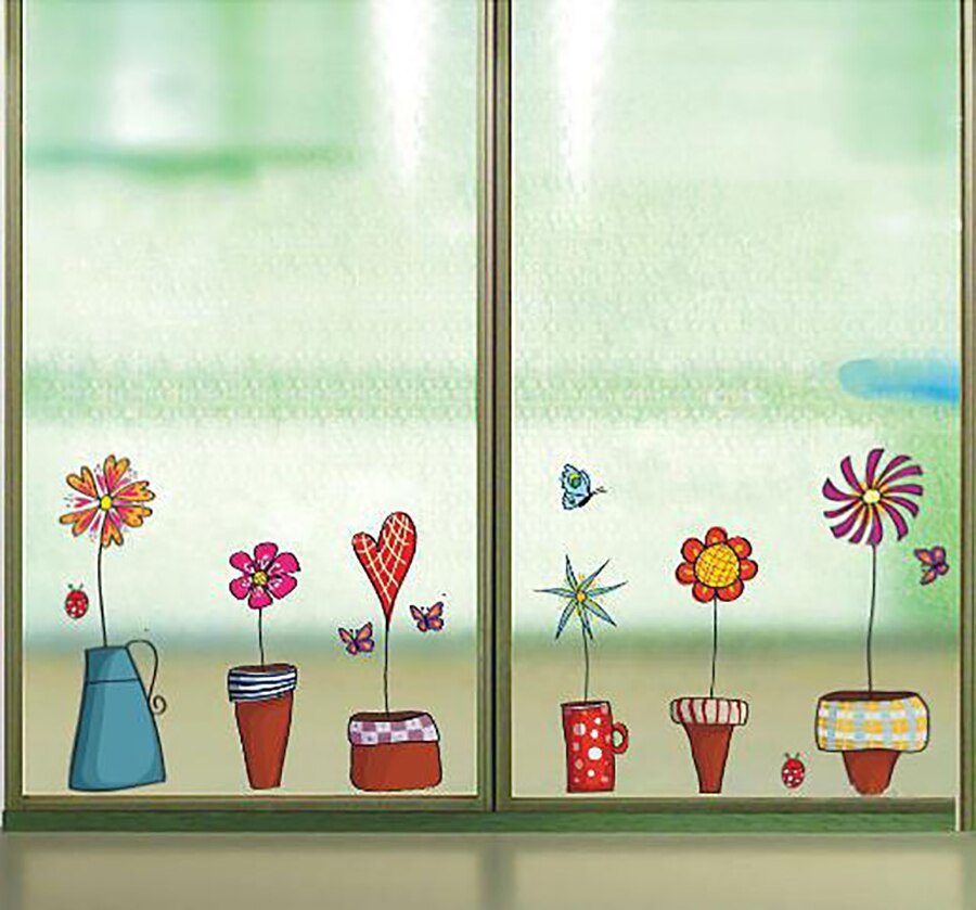 Söt tecknad blomma fjäril väggklistermärken diy dekal fönster glas vägg dekor heminredning barn barn rum inredning
