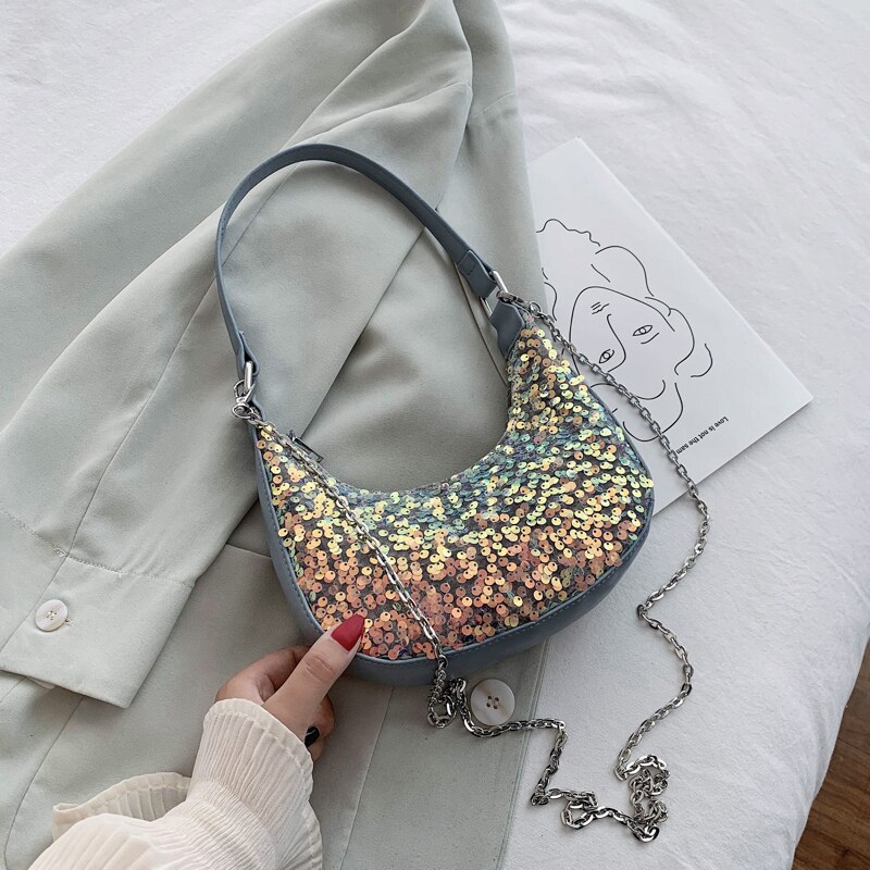 paillettes di modo sacchetti di Cuoio dell'UNITÀ di ELABORAZIONE ottavino Borse A Spalla per Le Donne 2020 di Disegno della catena di Lusso Sacchetto di Mano Femminile di Viaggio sacco: Blu