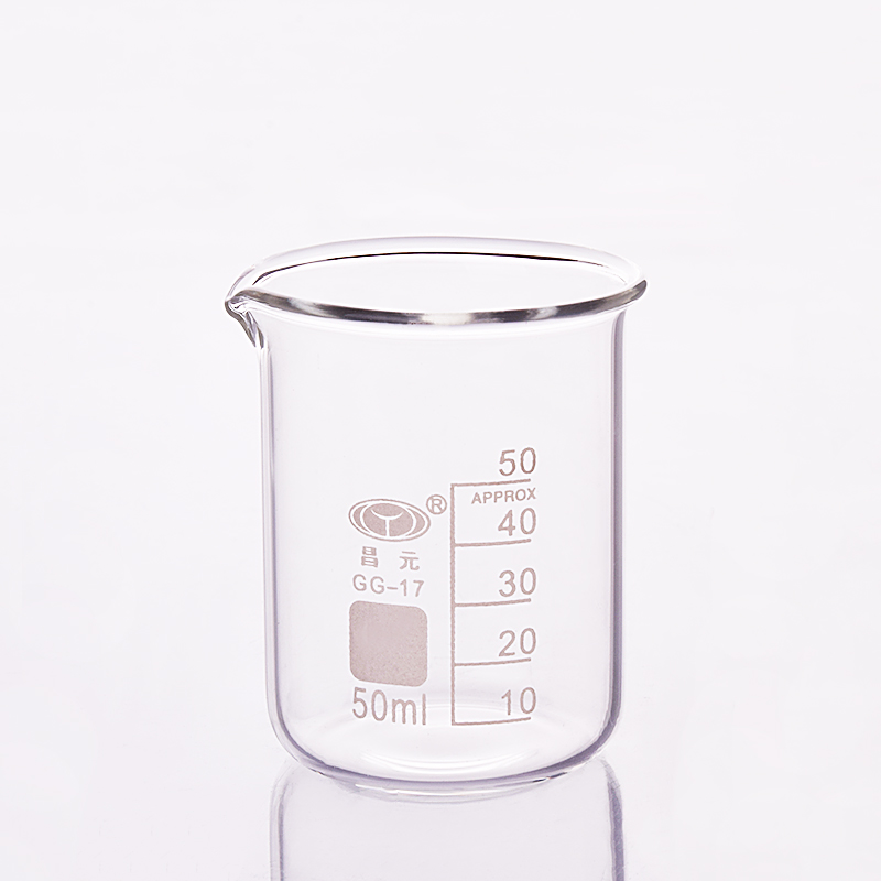 Beaker in lage vorm, Capaciteit 50 ml, buitendiameter = 42mm, Hoogte = 60mm, laboratorium beaker