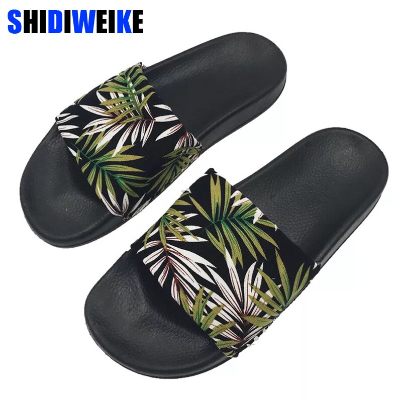 Sommar tofflor i bomullstyg för kvinnor med öppen tå tecknad söt grönt bladtryck anti-halk flip flops utanför kvinna skor