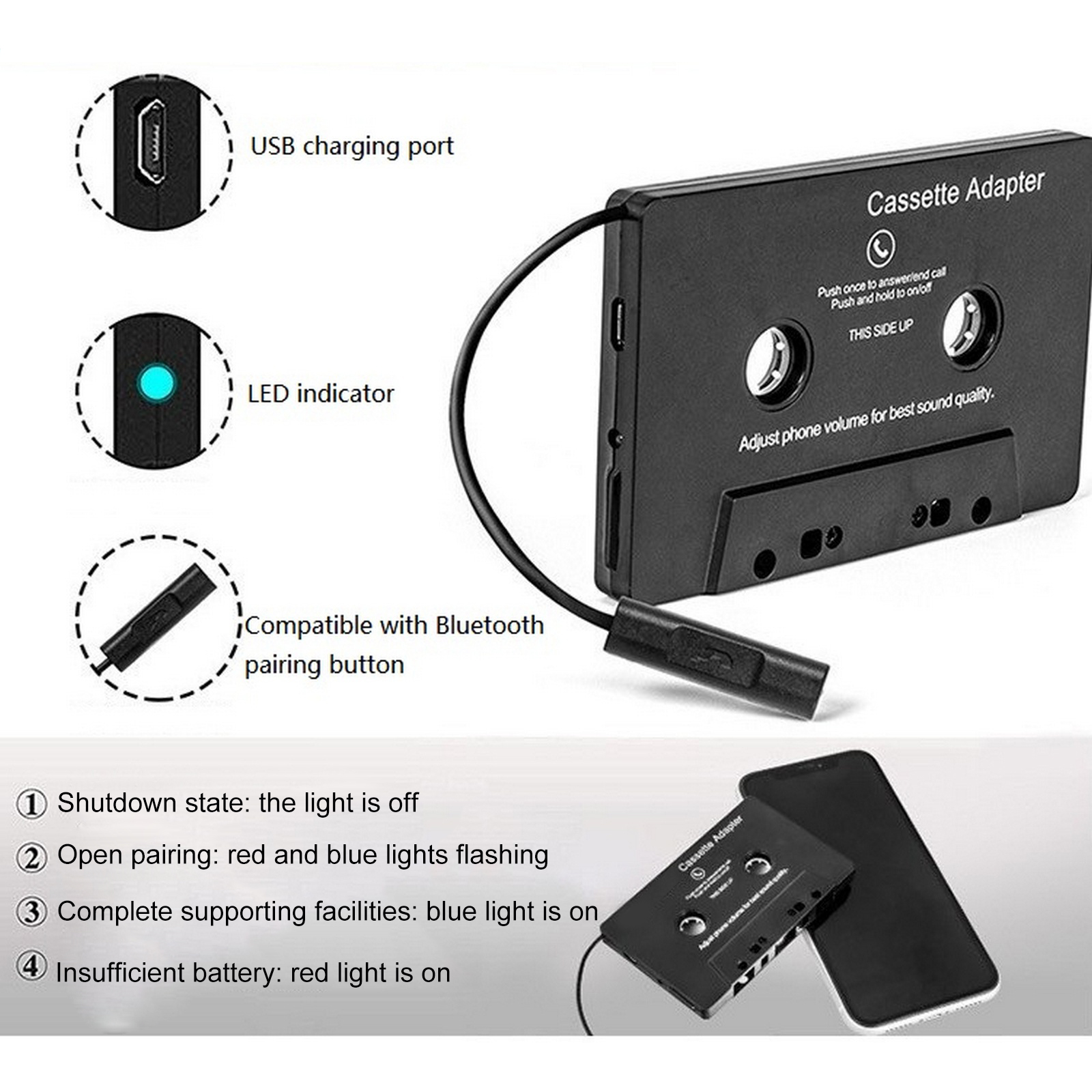 Coche cinta convertidor Bluetooth receptor Mp3/sbc/estéreo de Audio estéreo Aux cinta de música de coche reproductor de Cassette teléfono grabador