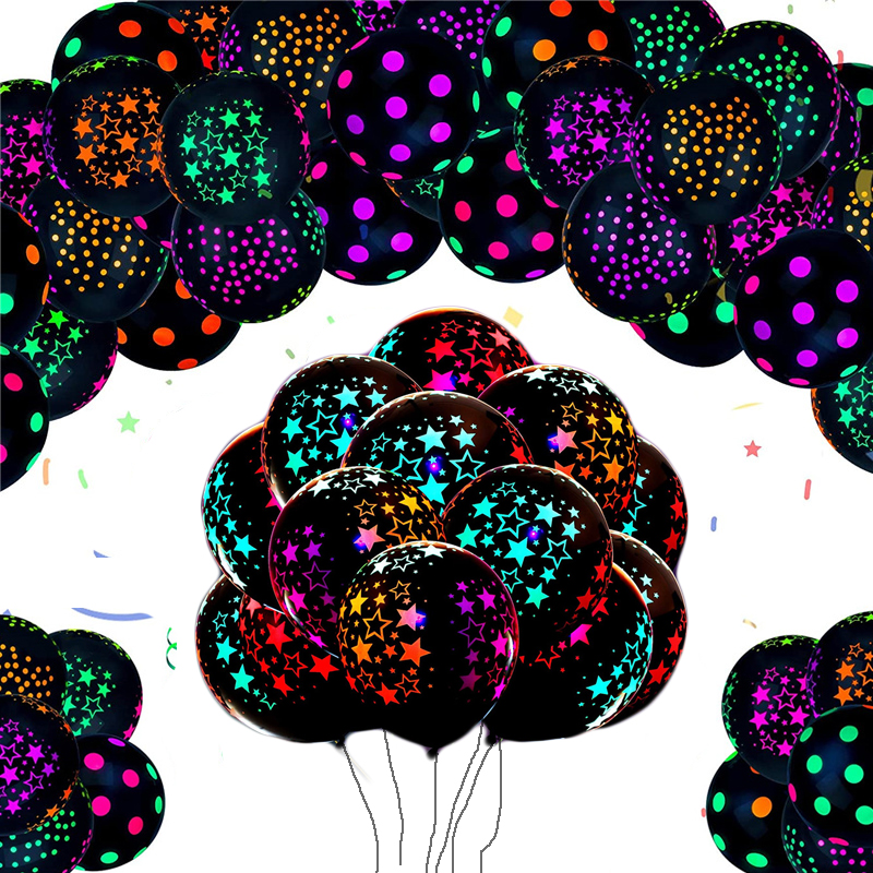 10PCS 12inch Latex Fluorescent Balloon Dots Love Heart Star Decor Balloon Glow In Blacklight Birthday Wedding Theme Party Decor