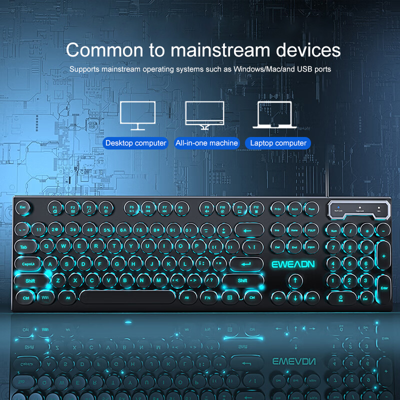 EWEADN GX330 Typewriter Gaming Keyboard, 104 Keys Wired Retro Punk Round Keycaps, with RGB Backlit, for Windows Laptop PC black: Blue