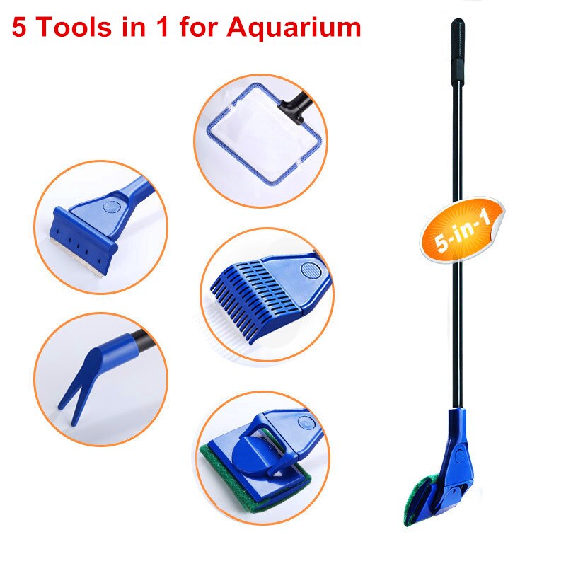 5 In 1 Aquarium Cleaning Tools Aquarium Tank Schoon Set Fish Net Grindhark Algen Schraper Vork Spons Borstel Glas cleaner