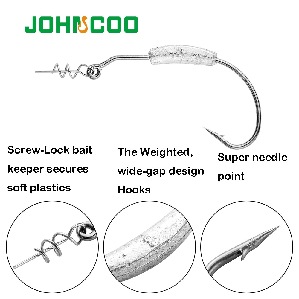 JOHNCOO Weighted Fishing Hook 10pcs Barbed Hook 2g/3g/4g/5g/7g/9g Offset Fishing Hook For Jigging soft bait Hookfor Texas Rigs
