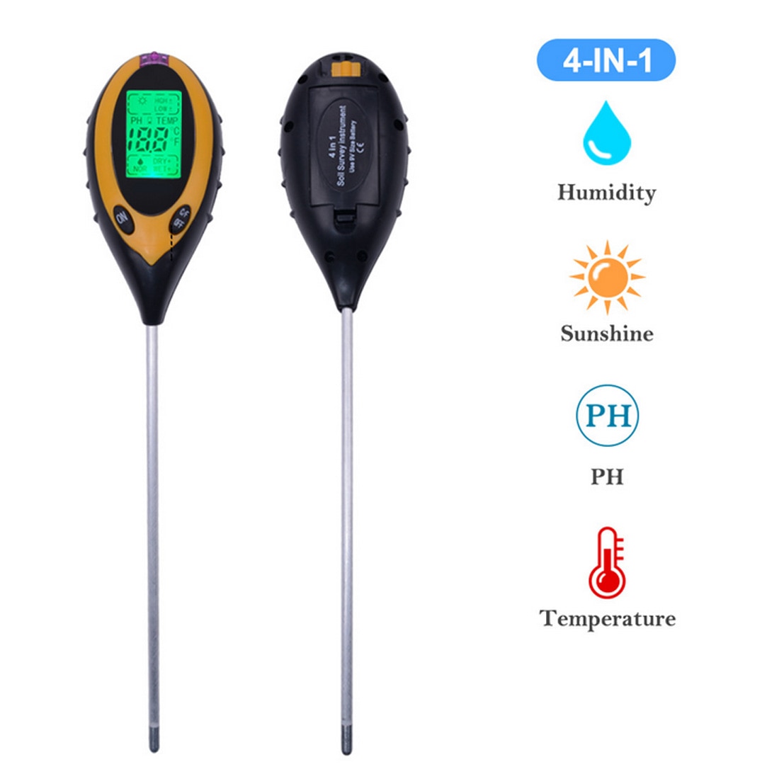 Digital Soil PH Meter Moisture Monitor Temperature Sunlight Tester For Gardening Plants Farming With Blacklight LCD Display