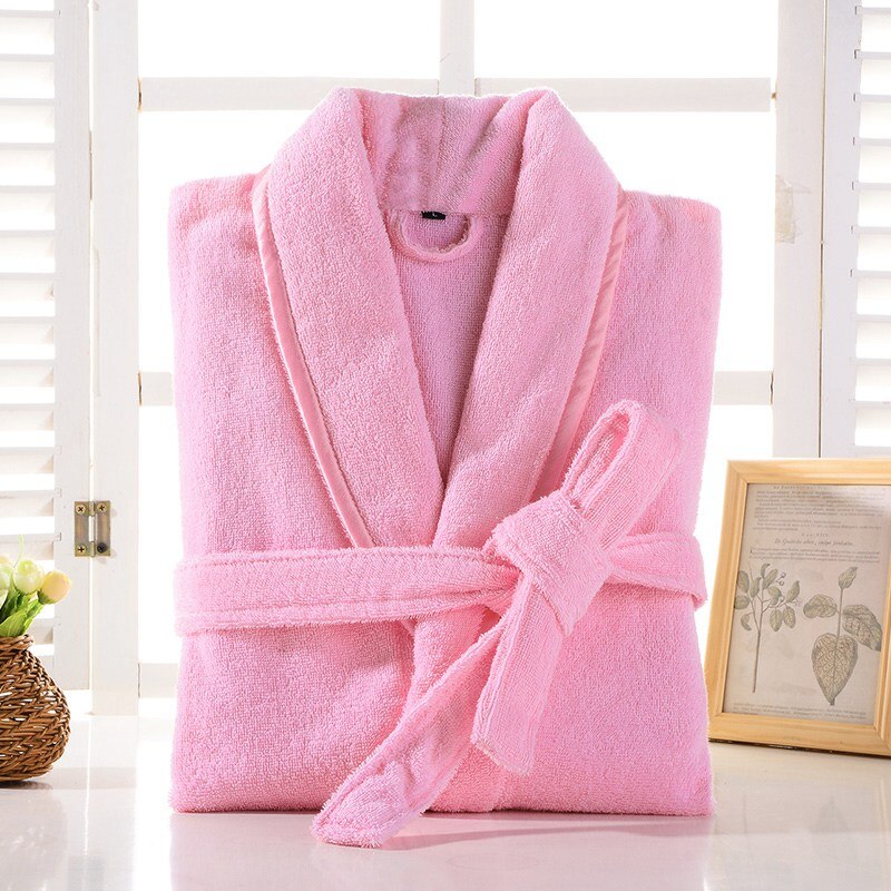 Badekåpe menn 100%  bomullshåndkle fleece tykk frotté varm brudepike badekåpe lang snor badekåpe par hotell hjemme morgenkåpe: Rosa / M (155-165cm)