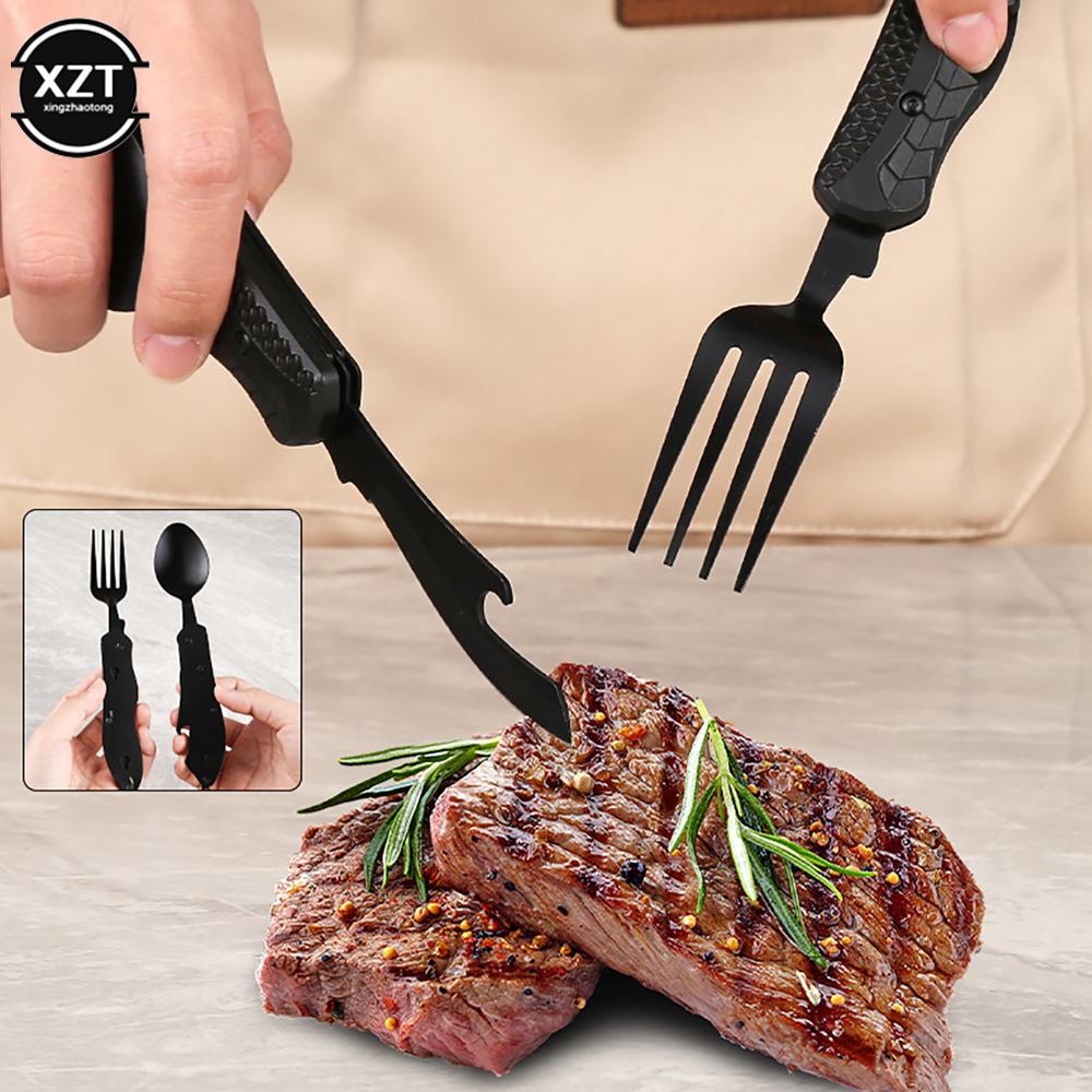 3-in-1 Outdoor Opvouwbare Lepel Vork Mes Combo Set Bestek Picknick Reizen Draagbare Multitool Roestvrij staal Camping Gebruiksvoorwerpen