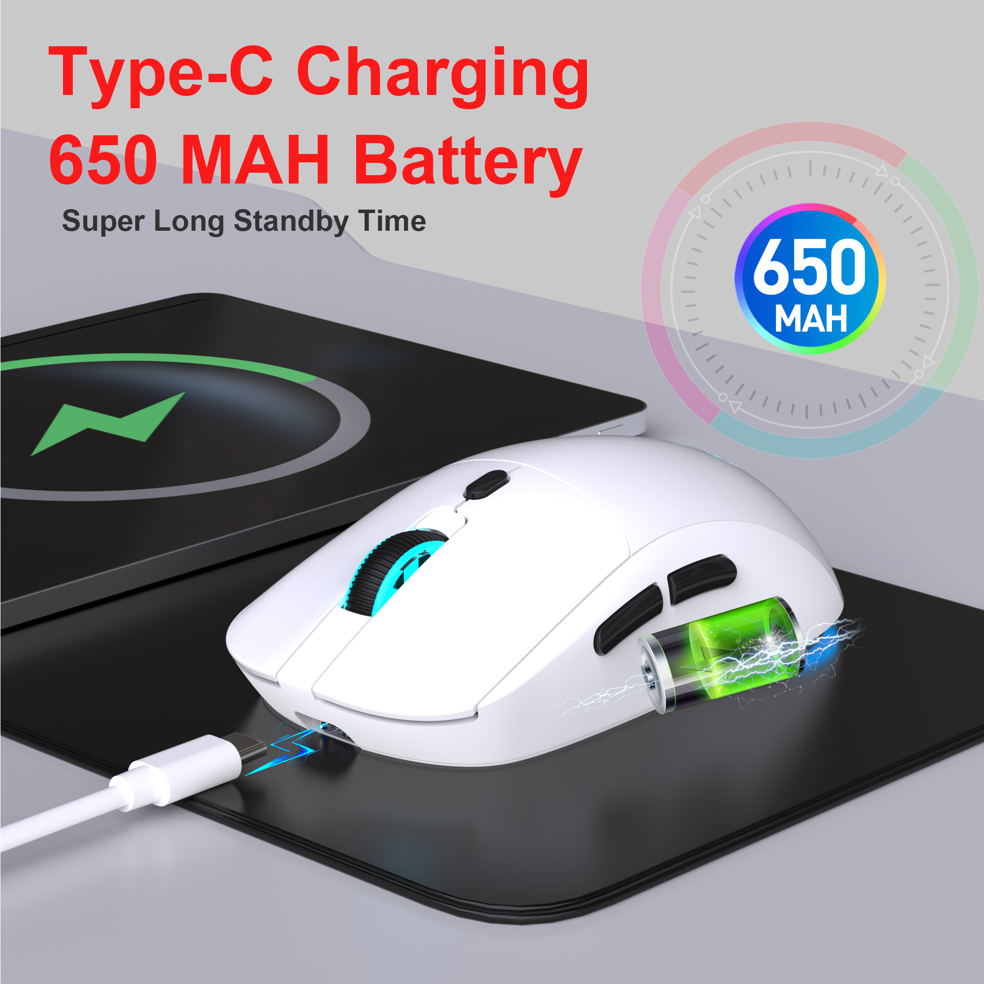 Bezprzewodowa mysz USB 2,4G z możliwością ładowania, regulowana 3600 dpi, 7 kolorów, wygodne myszy RGB do domowego biura, laptopa, komputera dla graczy