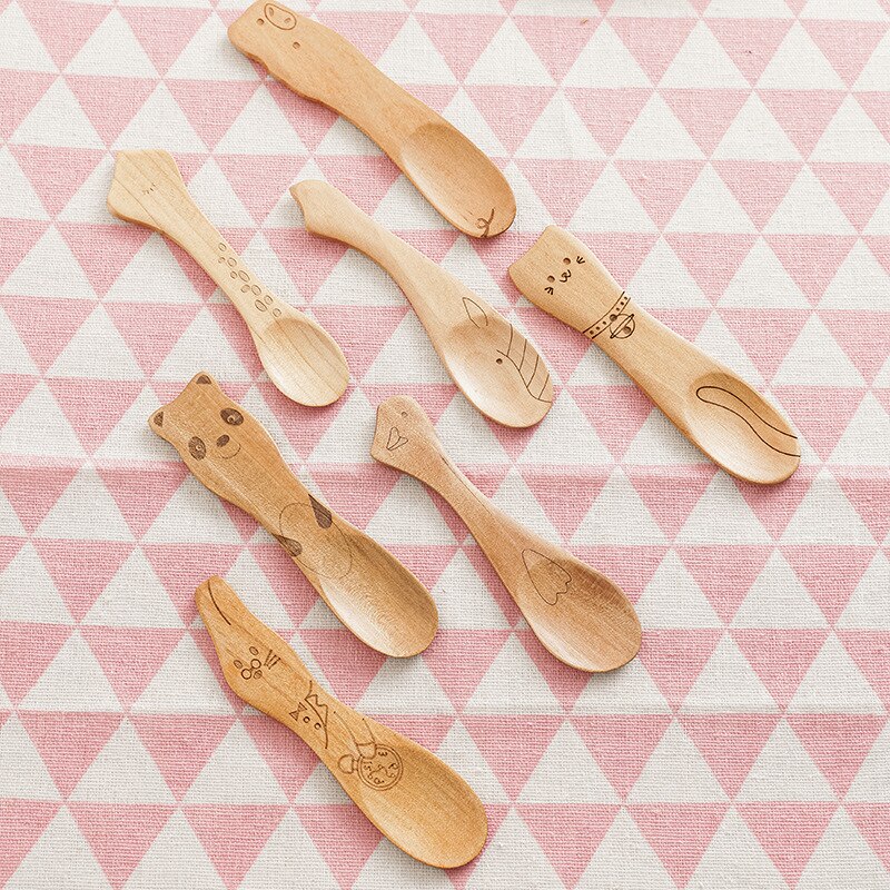 Cuillère en bois pour enfants, dessin animé mignon cuillère à café thé soupe cuillères à remuer Dessert couverts à miel outils de cuisine de Style japonais vaisselle