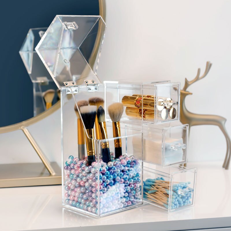 Klar plast makeup børste opbevaringsboks med låg smykker øreringe arrangør akryl makeup arrangør kosmetisk værktøjsholder kasse