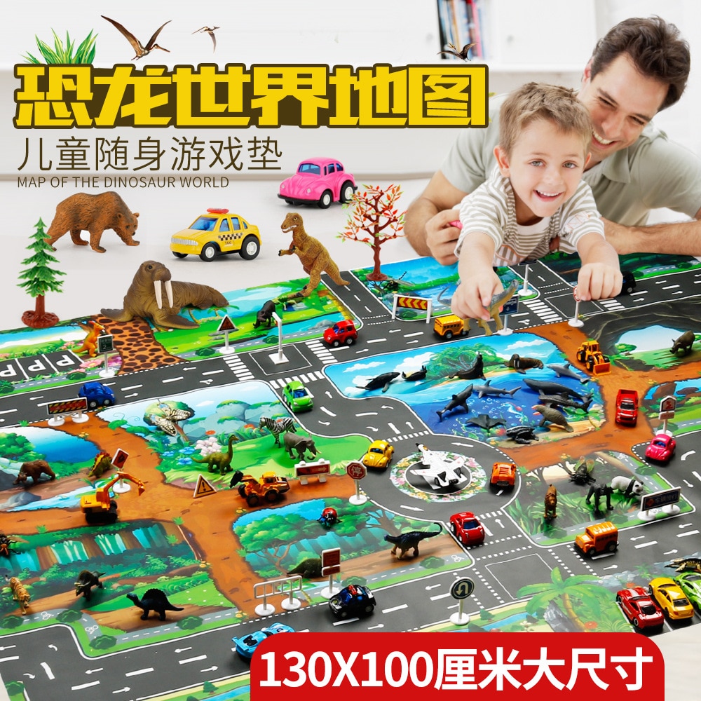 130*100cm Dinosaur World Traffic Parking map Children toy game mat Traffic sign kids girls boys play mats animal models toys