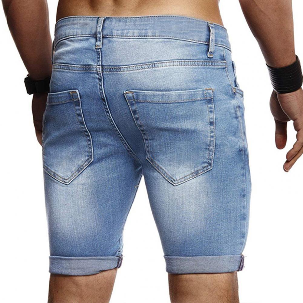 Denim shorts hombre elástico corto pantalones vaqueros rasgados de la piel-amistosa poliéster verano Pantalones cortos de hombre para el desgaste diario negro M-XL
