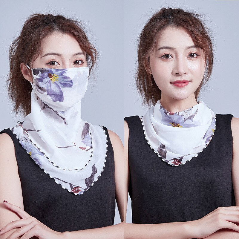 Frauen Chiffon Maske Schal Gesicht wickelt Blumen- drucken Dame Seide Hals Schals Foulard Bandana Sommer Sonne Masken Anti-staub schützen