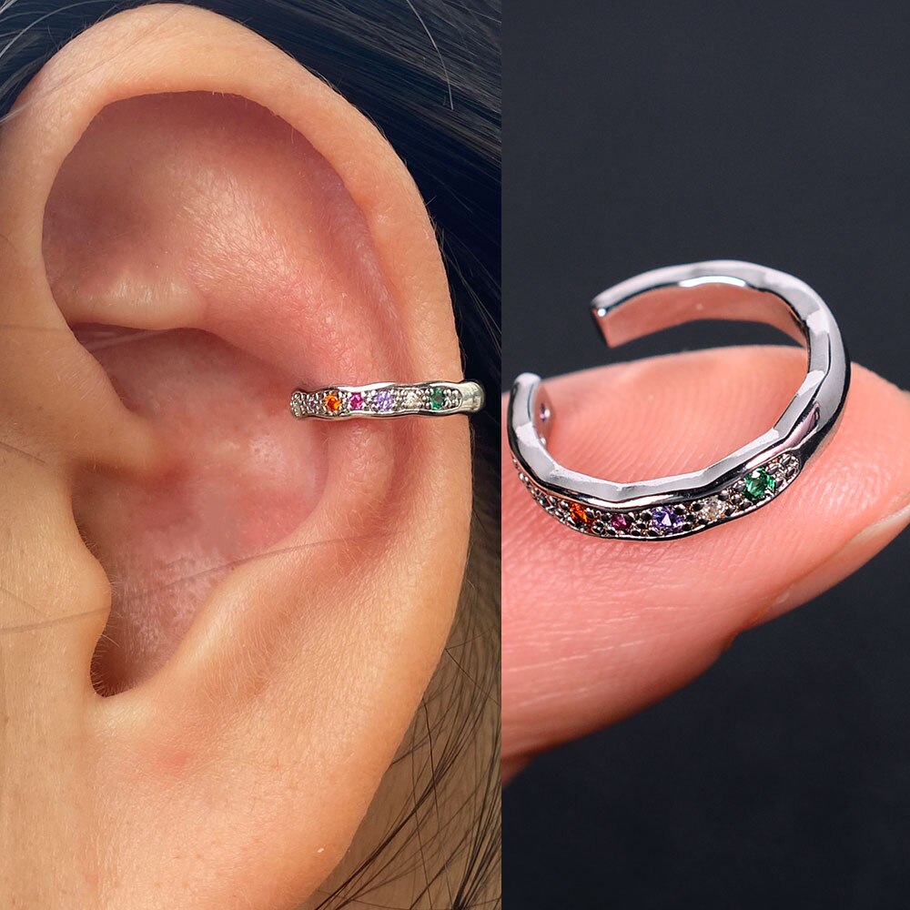 1pc nova chegada moda requintado arco-íris zircão orelha manguito brinco para a mulher geometria cristal sem piercing orelha clipe de jóias de verão: 10 silver