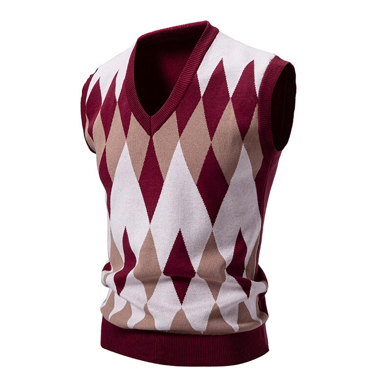 hommes Argyle tricots gilet col en V sans manches décontracté coupe ajustée pull tricoté pull gilets légers