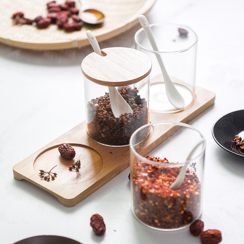 3 Stks/set Glas Kruidkruik Met Lepel Spice Container Organizer Kruiden Blikjes Peper Shaker Opbergdoos Met Lade Keuken