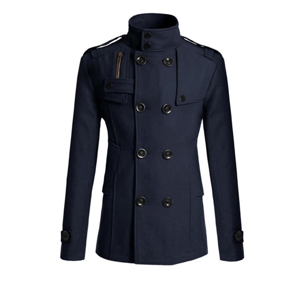 Wollen Jassen Mannen Winter Warme Wollen Jas Mens Zelf Teelt Effen Kleur Stand Kraag Double Breasted Jas overjas: Marineblauw / L