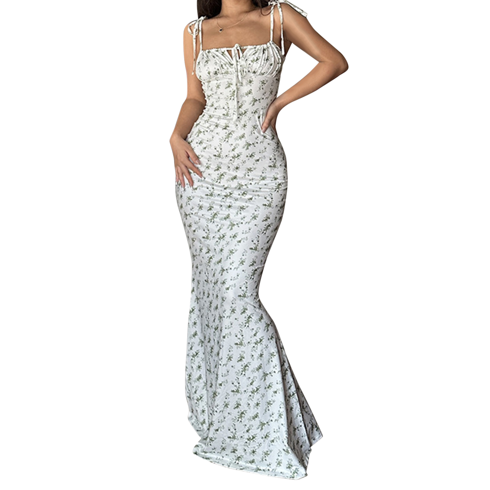 Sexede kjoler med spaghettistropper til kvinder, blomsterprint med snøre, slim fit og lange bodycon-kjoler, perfekt til sommer og forår: S / Rød