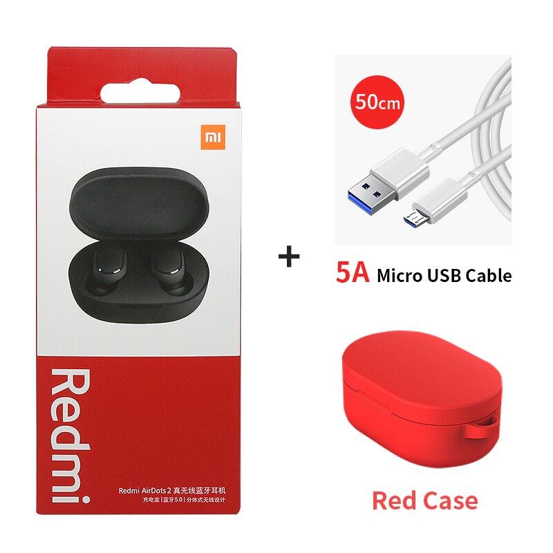 Xiaomi-auriculares inalámbricos Airdots 2 Redmi Airdots S TWS, cascos con Control de voz, Bluetooth 5,0, reducción de ruido y Control táctil: add cable red case