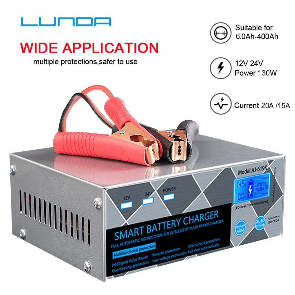 car battery charger pulse repair 12V 24V 15A for lithium iron lead acid AGM start-stop batteries motorcycle auto charger