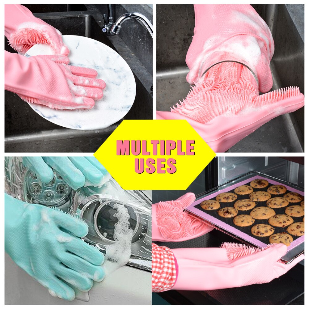 Guantes mágicos de silicona con estropajo para lavado de platos, manoplas de goma, resistentes al calor, para el hogar y la cocina, 1 par