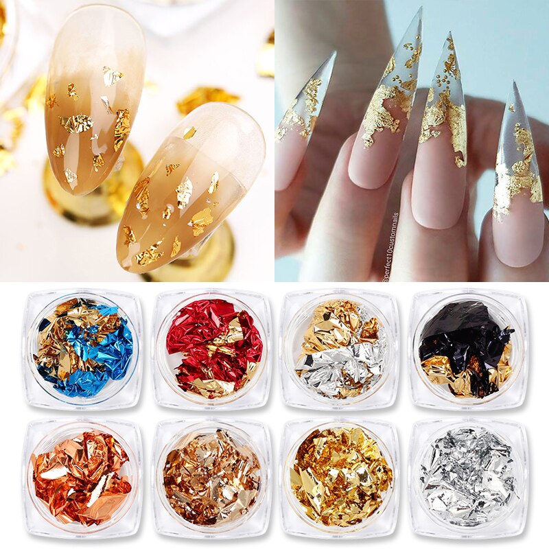 1 æske guld/sølv folie farverige bronze klistermærker nail art metal folie fuld dækning negle transfer papir dekoration diy