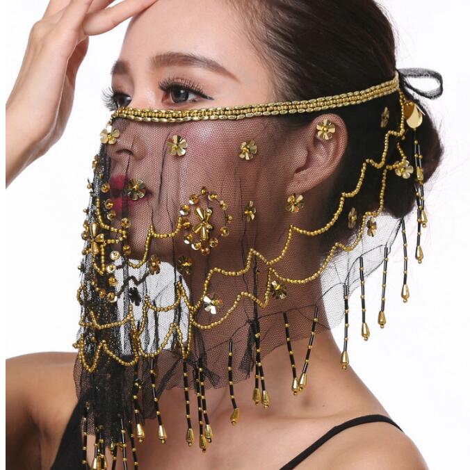 Women embroidered mesh belly dance face veils plum flower veil Indian dance costume jewelry props face mask: black
