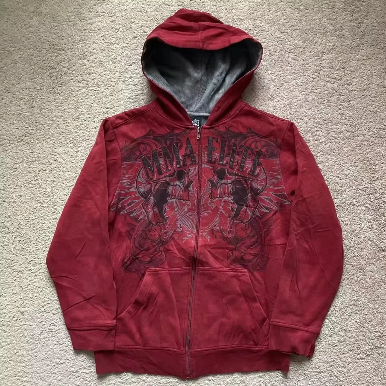 Red Hip Hop Zipper Hoodies Vintage Elite Full Zip Hoodie Sweatshirt Size Skull Printing Red Sweatshirts