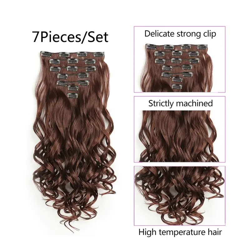 Extensiones de cabello con Clip, 7 Uds., cabeza completa, 22 pulgadas de largo, rizado, ondulado, sintético, Ondulado Natural para mujeres y niñas