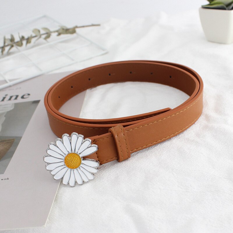Lille daisy pu fint bælte kvinder linning koreansk stil studerende blomsterspænde personlighed glat spænde imiteret læder: Kamel
