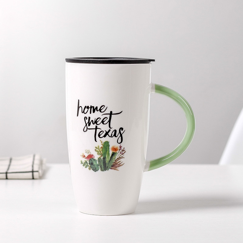 600ml kaktusmönster keramisk mugg med lock tecknade koppar mjölk kaffe te kopp grönt handtag porslinsmuggar fina