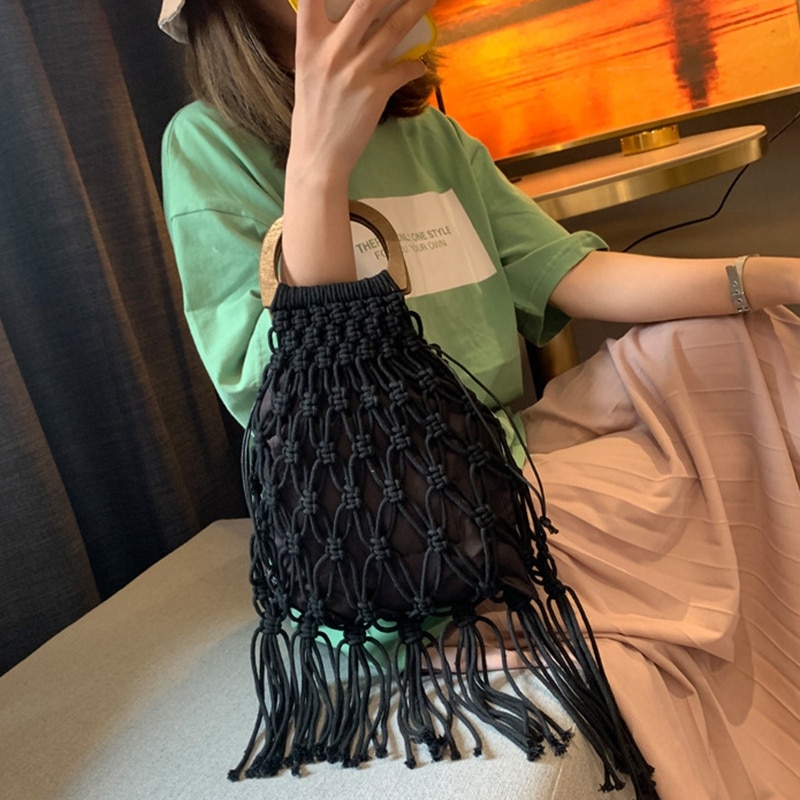 Vevd veske tre bærbar hule bomull tau dusk strand bag ferie nett veske strikket håndveske