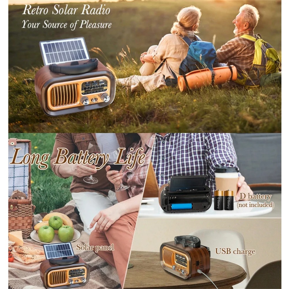 Rerto AM FM Radio Operated By USB Cable/Solar Panels Rechargeable Excellent Reception Portable Multi-function Retro Speaker