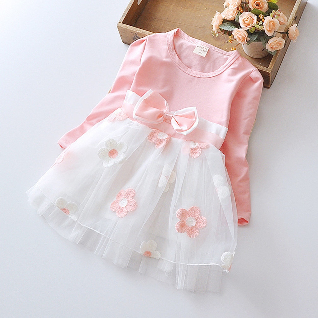 Autumn Newborn Infant Baby Dress Cotton Dress Toddler Kids Baby Girls Long Sleeve Tulle Patchwork Flower Bow Dresses Clothes