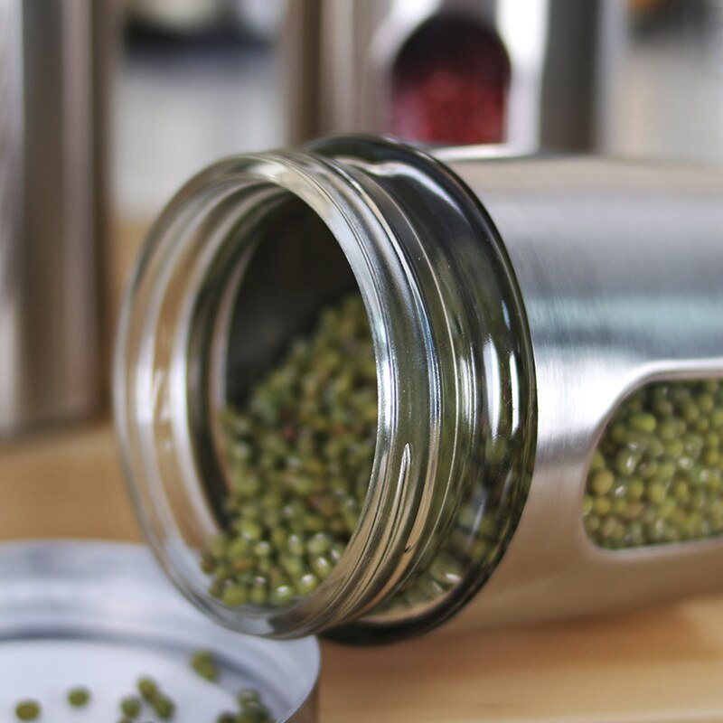 Tarro de comida para cocina, latas selladas de vidrio para el hogar cubierto con jarra transparente, almacenamiento de granos misceláneos, latas de acero inoxidable
