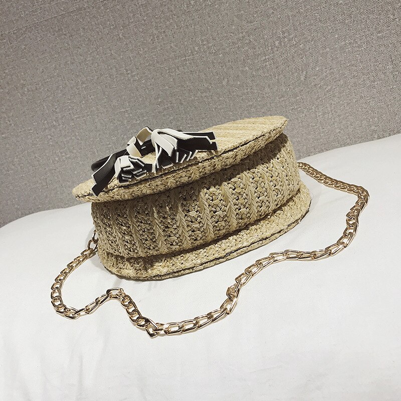 JXSLTC Handmade Woven Round Handbag Vintage Retro Straw Knitted Messenger Bag Lady Fresh Paper Bag Summer Bohemia Beach Tote