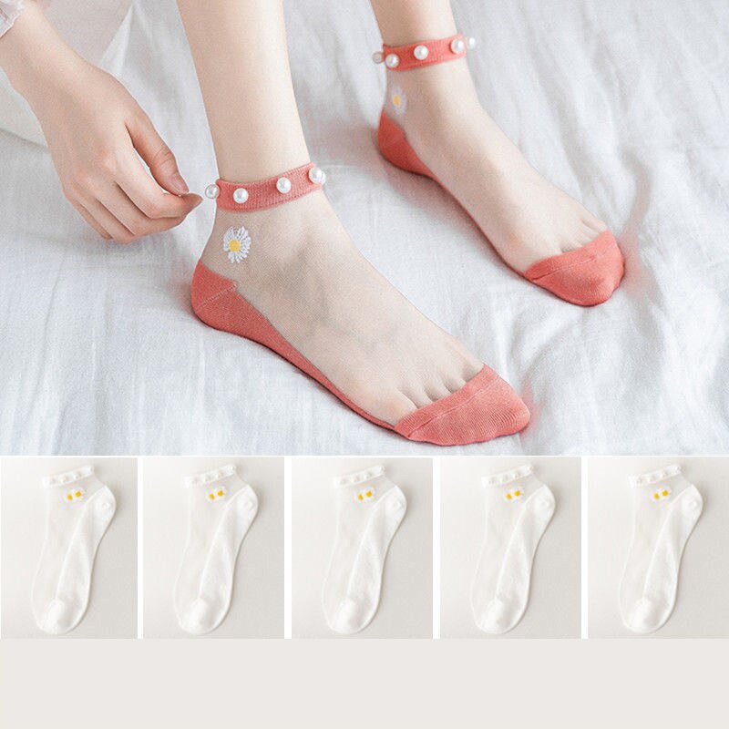 AECU 5 Pair Breathable Ankle Socks Pearl Summer Women Transparent Lace Silk Flower Cute Girls Elastic Short Socks Female Sox: 6-5pcs