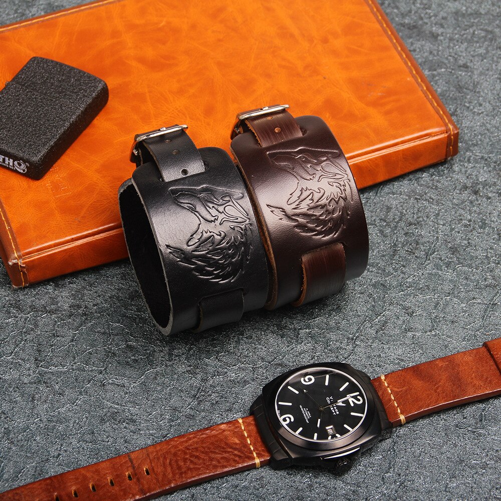 Pulsera de cuero con cabeza de Lobo para hombre, brazalete con adorno en relieve, estilo Punk Rock,
