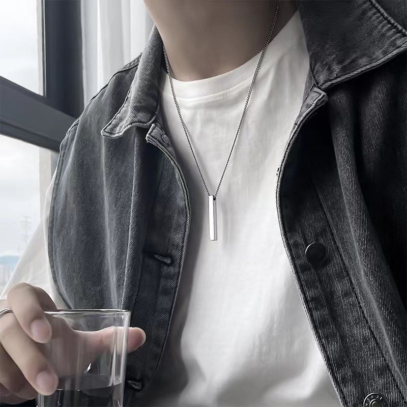 Collares de barra vertical 3D impermeables para hombres, colgante geométrico minimalista de acero inoxidable con cadena de caja, joyería de collar masculino